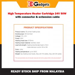 High Temperature Heater Cartridge 24V 50W with Mid Connector (1m/2m) for 3D Printer