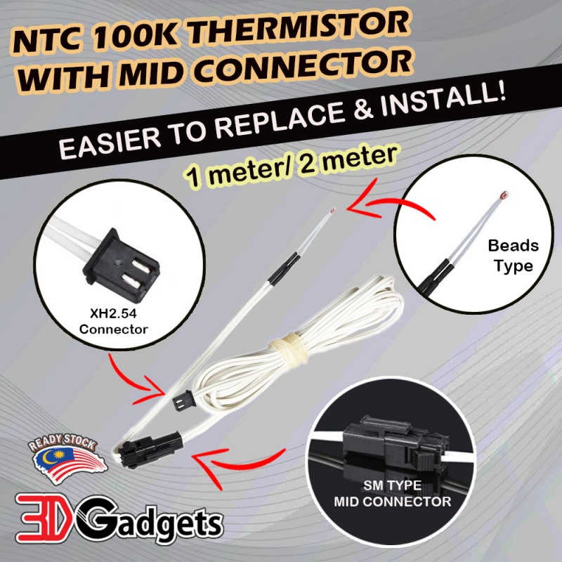 NTC 100K Beads Head Thermistor with SM Terminal Mid Connector (1M/ 2M)