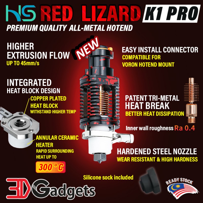 Haldis 3D Red Lizard K1-PRO High Flow All-Metal Hotend | Ceramic Heater Integrated Heat Block for Voron FDM 3D Printer