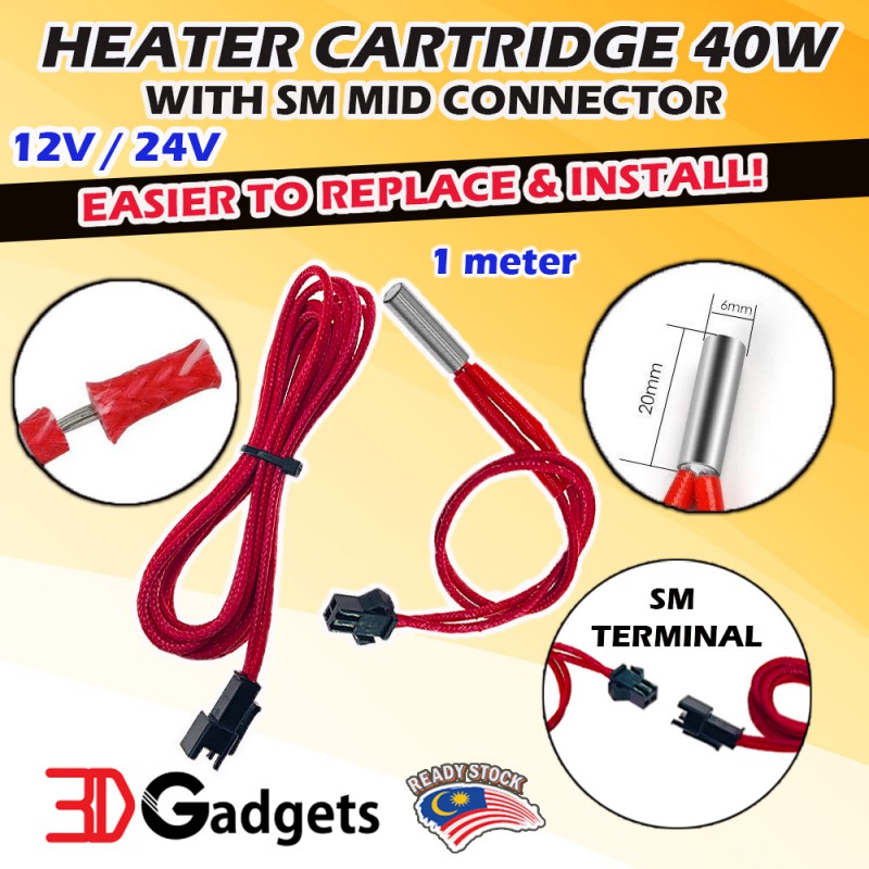 Heater Cartridge 12V/24V 40W with Mid Connector for 3D Printer