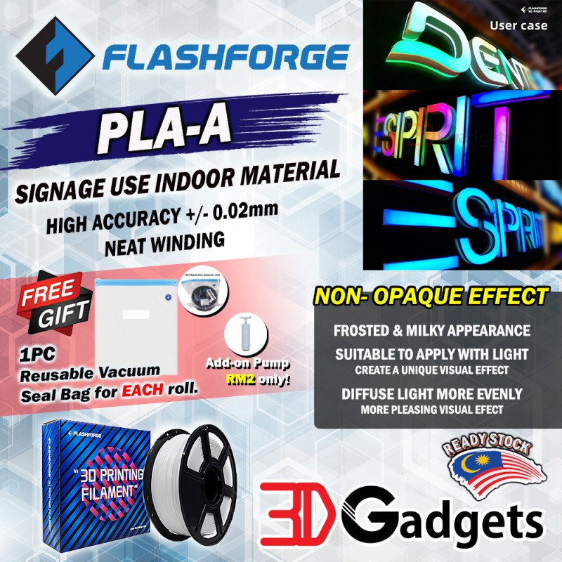 FlashForge PLA-A / PETG-A 1.75mm 1KG for Advertising Channel Letter (Light Pass- Through)