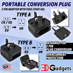Portable Conversion Plug 2 Pin CN / US / EU to 3 Pin UK 3 Pin Travel Adapter with Fuse