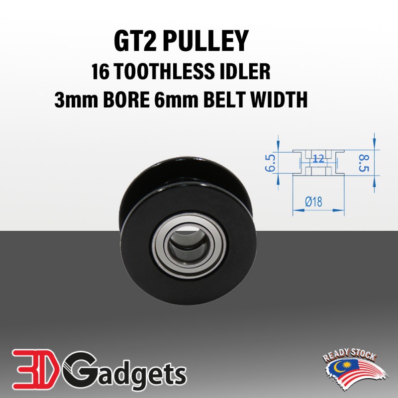 GT2 Pulley 16 Toothless Idler 3mm Bore 6mm Belt Width